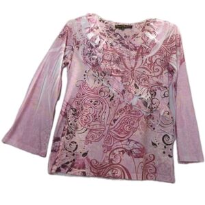 French Bazaar Sz M Shirt Blouse Layered Bell Sleev Glitzy Studs Pink Mauve Brown